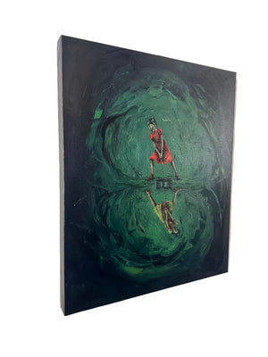 Painting of a person in a red outfit standing in water with a reflection, on a white wall.