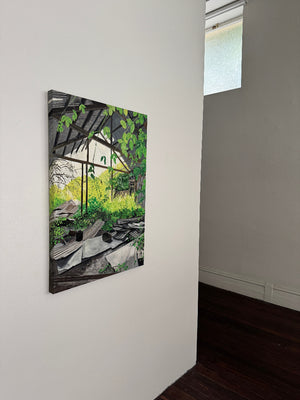 Oil painting on canvas of a landscape scene on a white surface