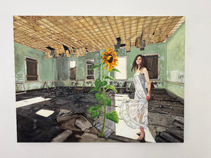 Woman in a white dress standing in a dilapidated room with a large sunflower.