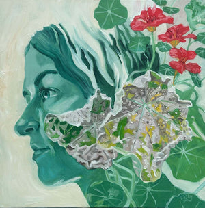 Artistic depiction of a person with floral and leaf patterns overlayed on their face.