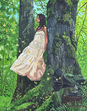 Woman in a white dress standing in a lush green forest with a gramophone and flowers.