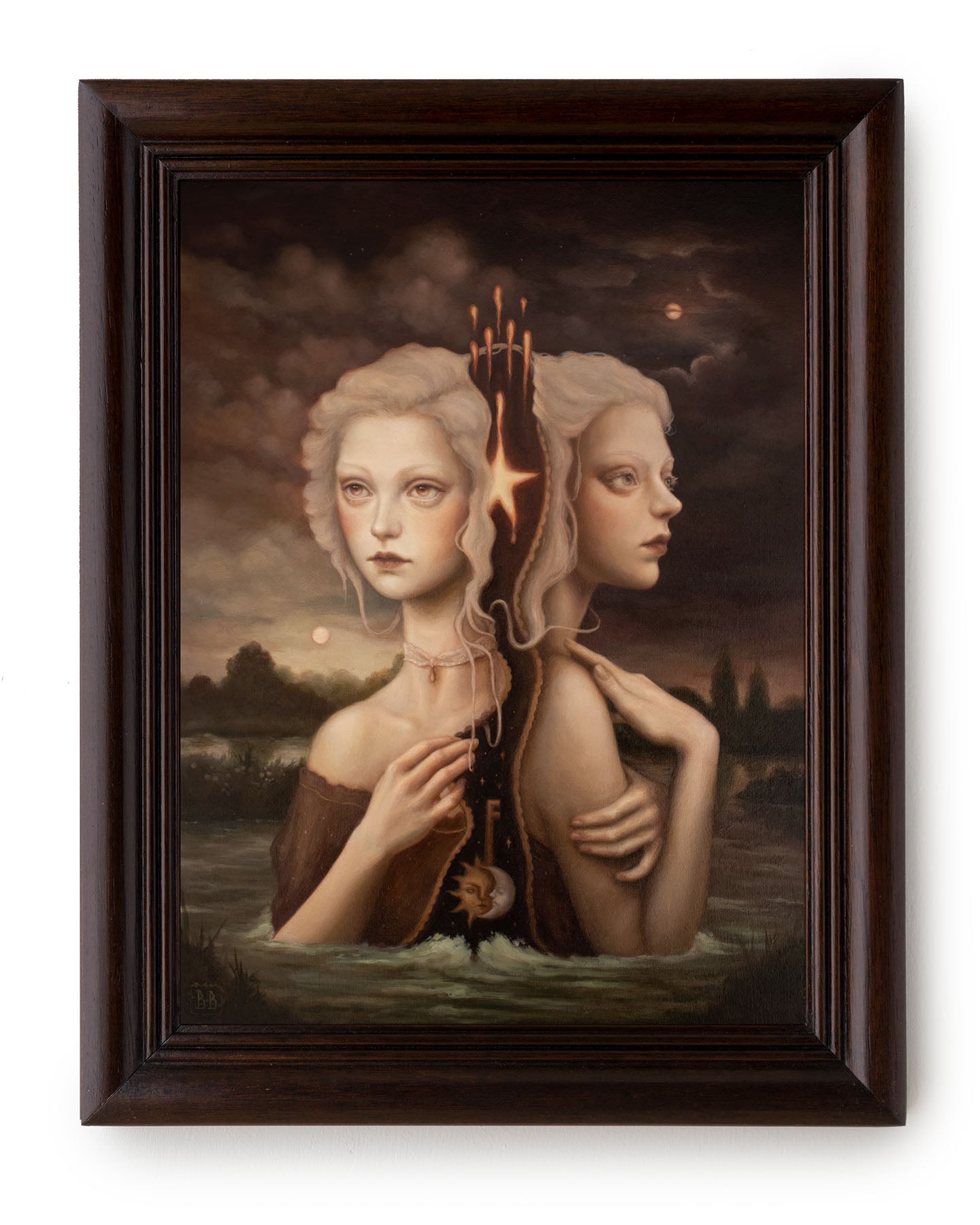 Surreal painting in brown tones of two women entwined by their hair representing night and day while up to their belly in crashing waves.