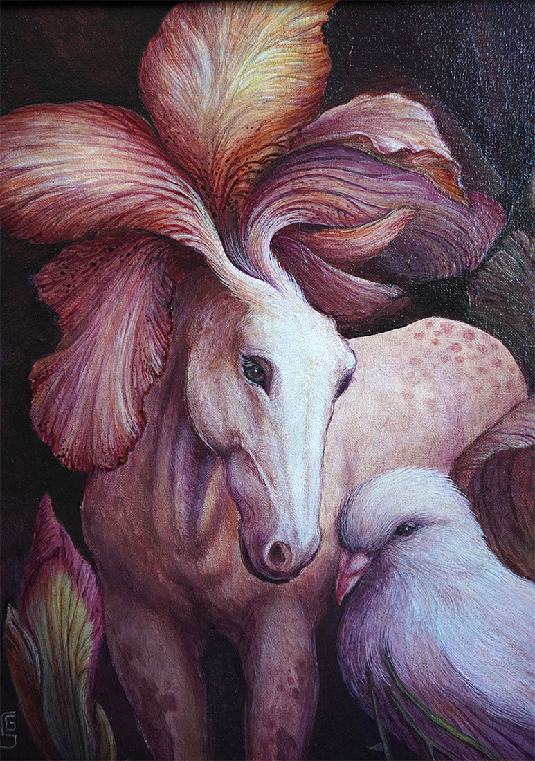Fantasy painting of a horse with large, feather-like hair and a dove.