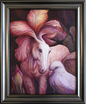 Artistic depiction of a horse, bird, and large pink flower in a dark frame.