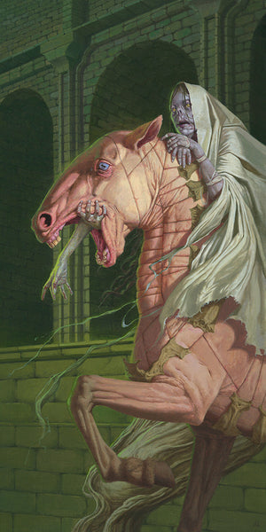 Horse-like creature with a ghostly figure on its back, set against a dark brick wall.