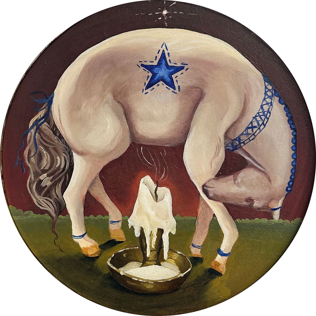 Painting of a horse with a star on its back, standing over a cauldron with a candle inside.