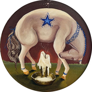 Painting of a horse with a star on its back, standing over a cauldron with a candle inside.