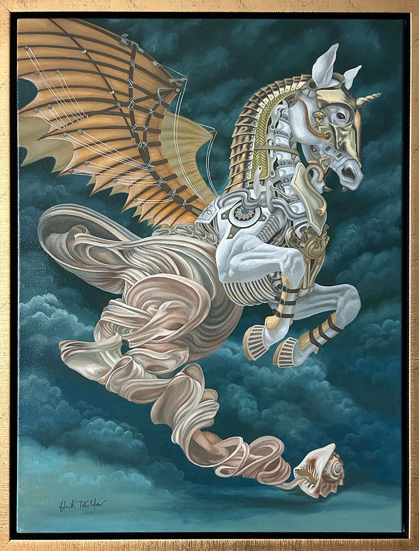 Artistic depiction of a winged horse with mechanical elements against a cloudy sky.