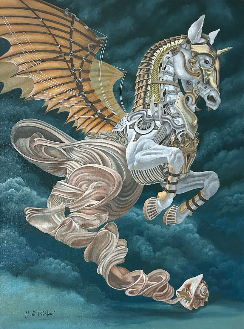 Mechanical dragon and horse hybrid creature in flight with clouds in the background