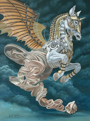 Mechanical dragon and horse hybrid creature in flight with clouds in the background