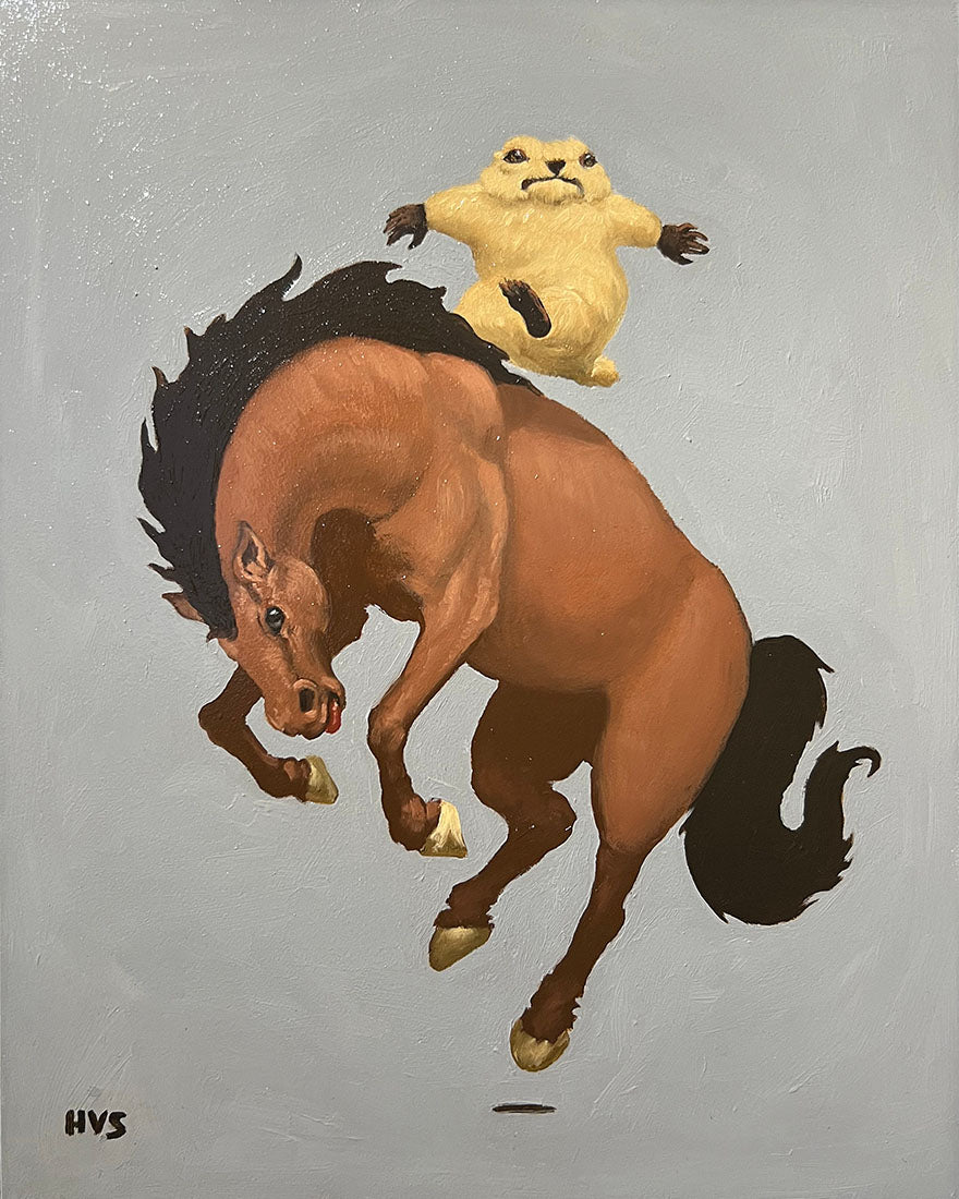 Painting of a horse rearing with a small marmot on its back against a gray background.