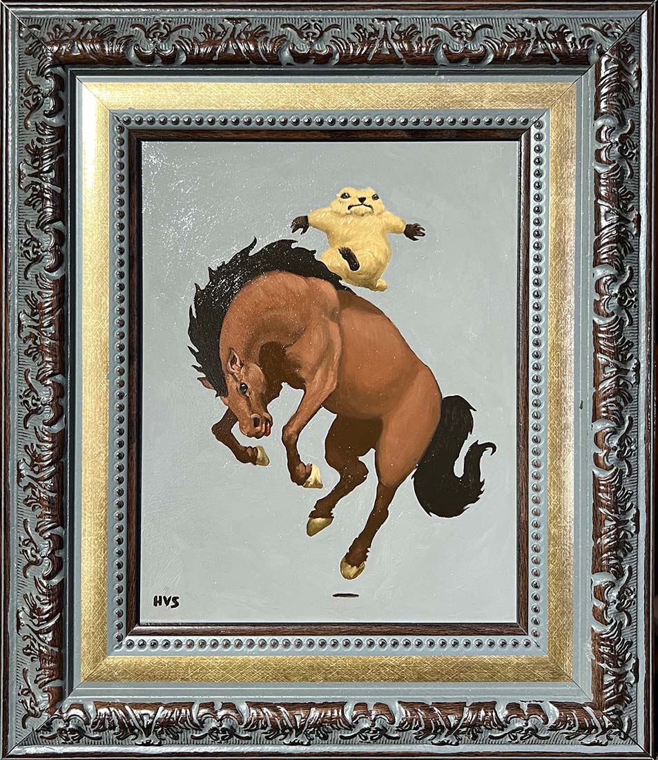Framed artwork of a marmot riding a horse on a light blue background