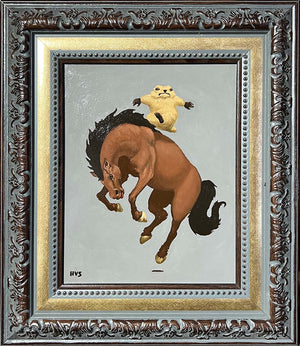 Framed artwork of a marmot riding a horse on a light blue background