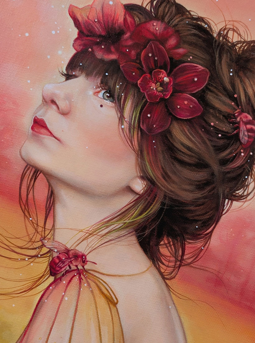 Artistic illustration of a woman with flowers in her hair against a warm gradient background