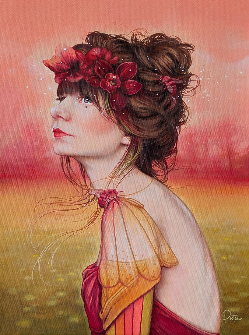 Artistic depiction of a woman with flowers in her hair against a warm-toned landscape.