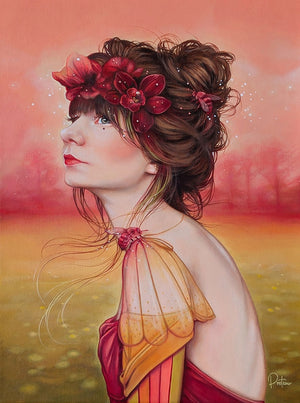 Artistic depiction of a woman with flowers in her hair against a warm-toned landscape.