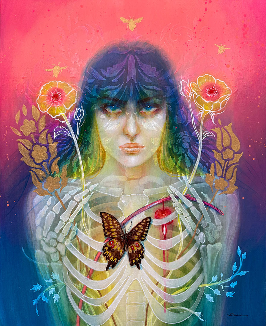 Artistic depiction of a person with a skeleton chest, flowers, and a butterfly against a colorful background.