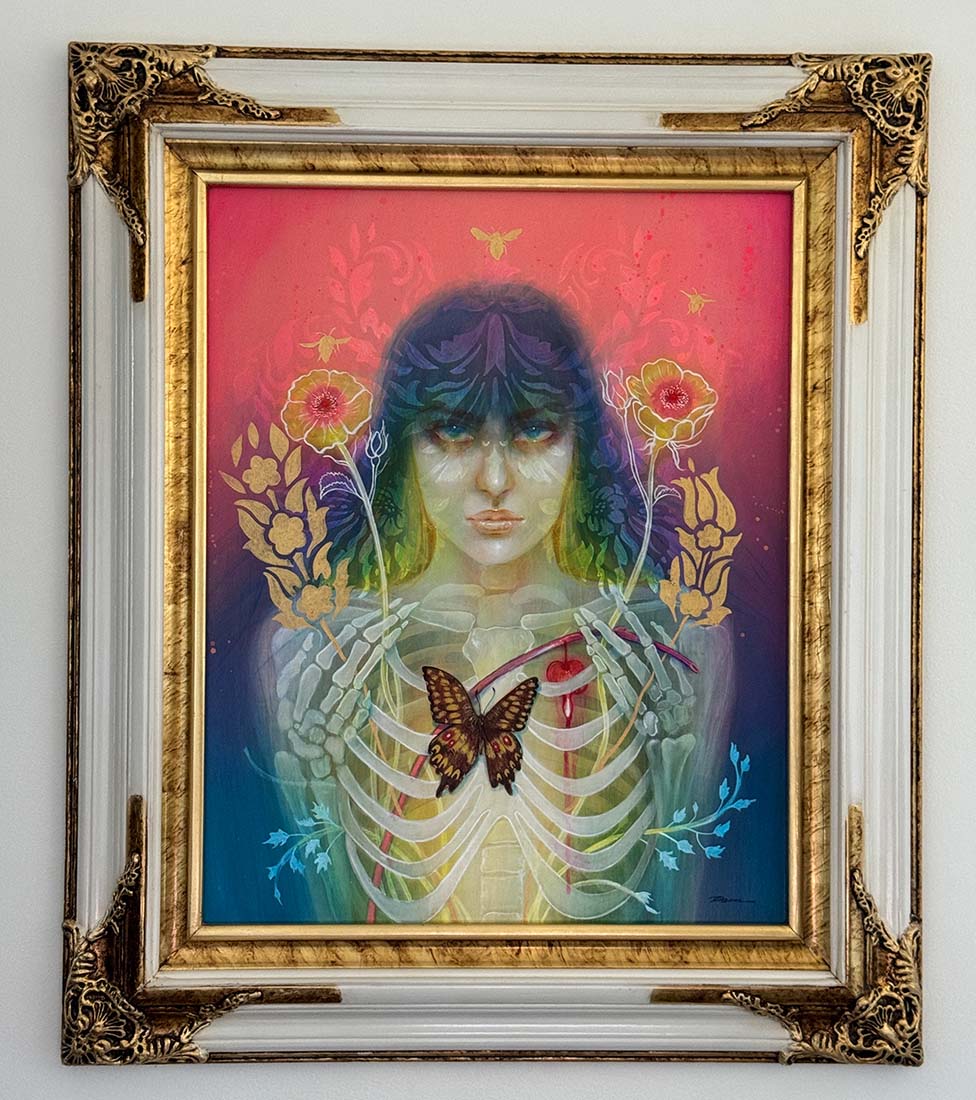 Artistic depiction of a person with a skeleton chest, flowers, and a butterfly against a colorful background.