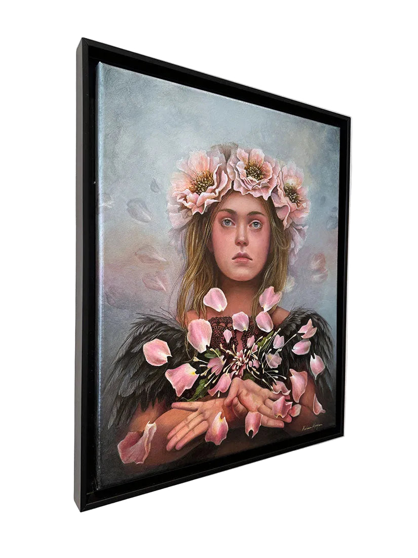 Artistic depiction of a woman with floral headpiece and wings, surrounded by pink flowers.