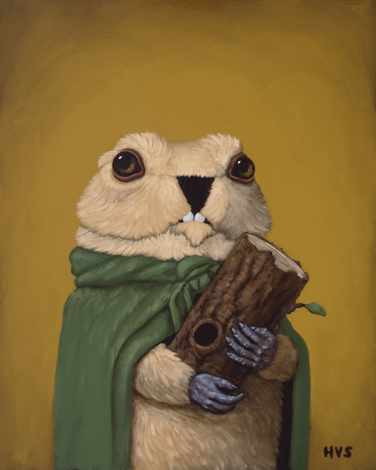 Illustration of a marmot holding a log on a yellow background