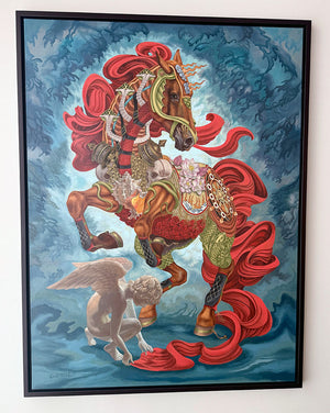 Decorative painting of a horse with red mane and tail, angel, and blue background