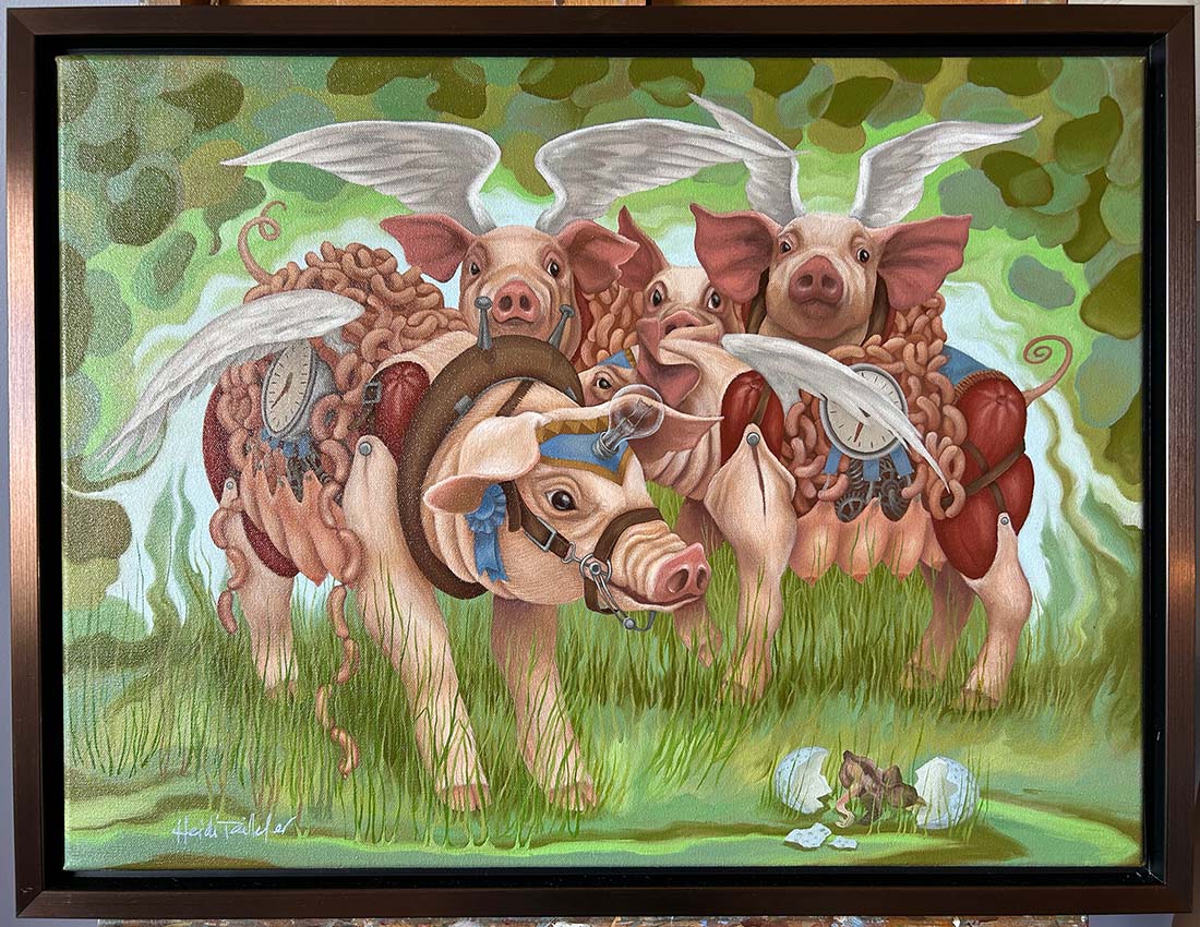 Artistic depiction of pigs with angel wings and internal organs on a grassy background