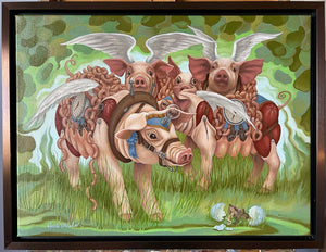 Artistic depiction of pigs with angel wings and internal organs on a grassy background