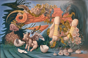 Futuristic underwater scene with various sea creatures and a human leg.