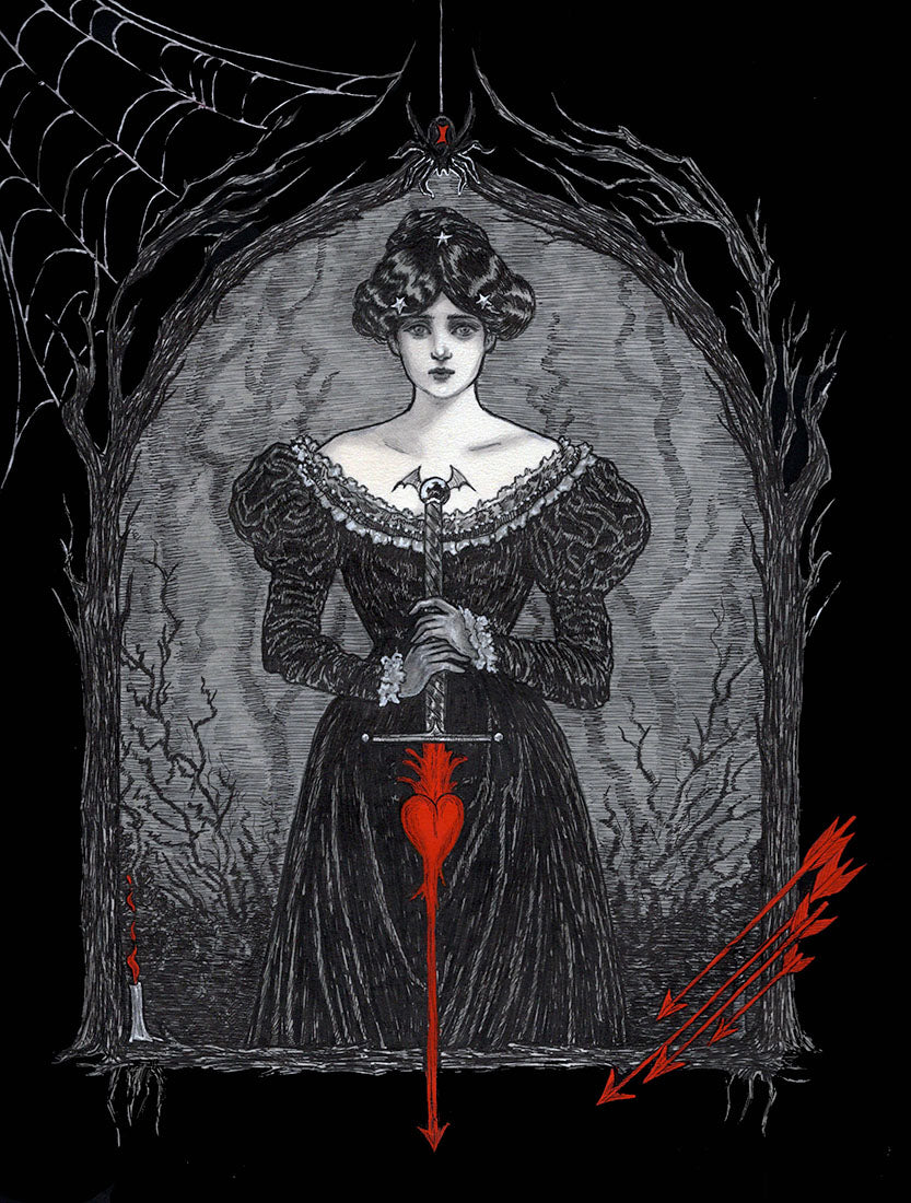 Gothic illustration of a woman in a dark dress with a red dagger, surrounded by spider webs and arrows.