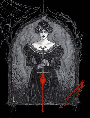 Gothic illustration of a woman in a dark dress with a red dagger, surrounded by spider webs and arrows.