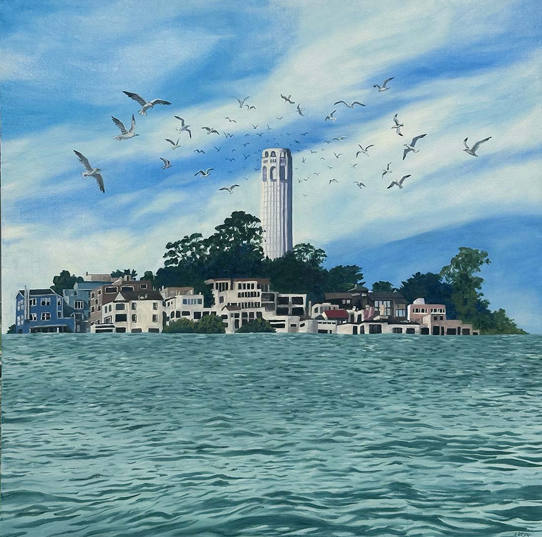 Cityscape with a tall tower and buildings near water, birds flying overhead