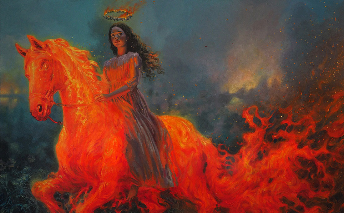 Woman riding a fiery horse with a dark, otherworldly background