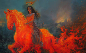 Woman riding a fiery horse with a dark, otherworldly background