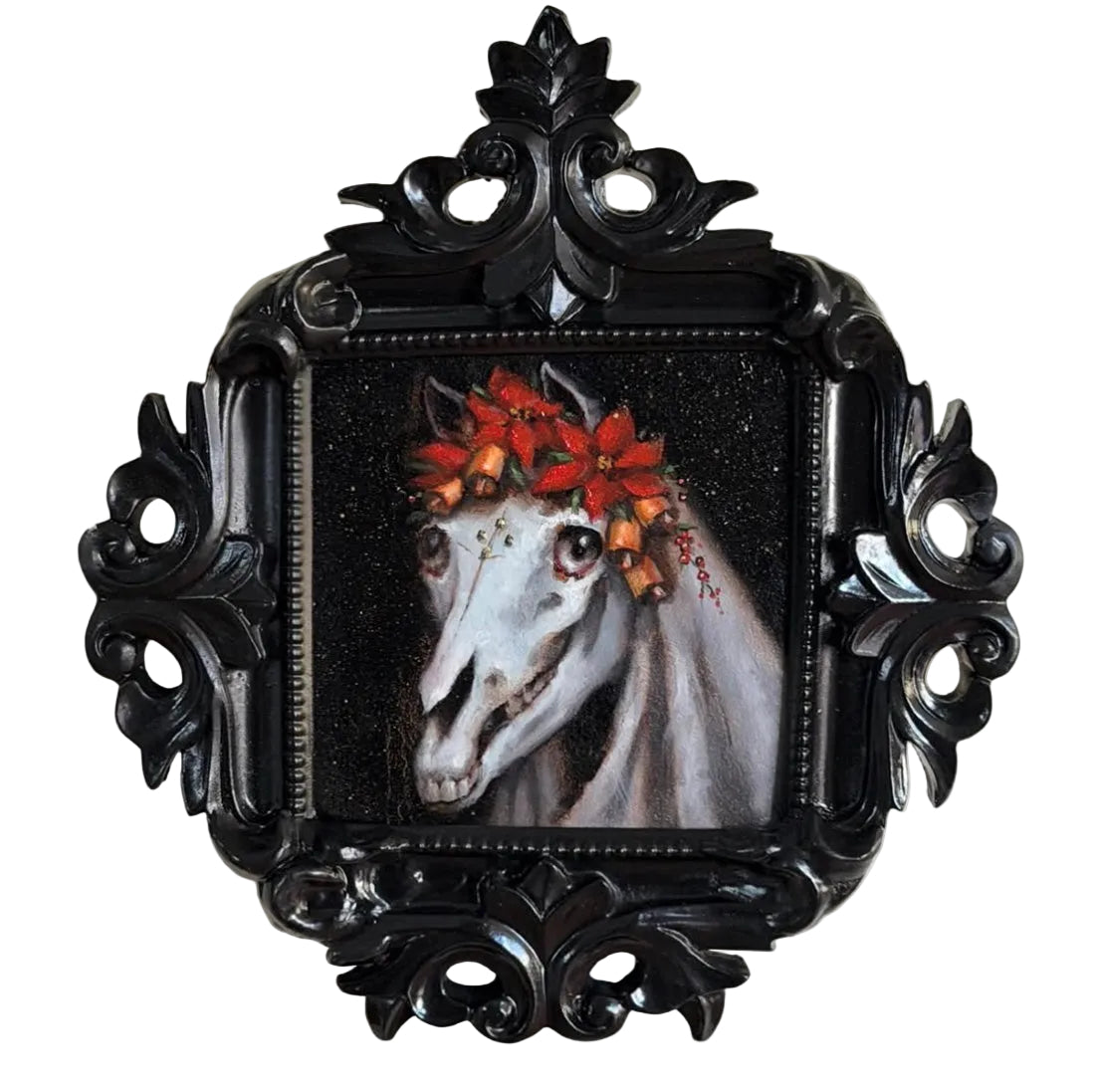Painting of a horse's head with a floral wreath on a dark background
