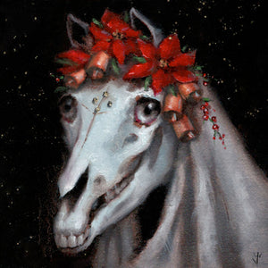 Painting of a horse's head with a floral wreath on a dark background
