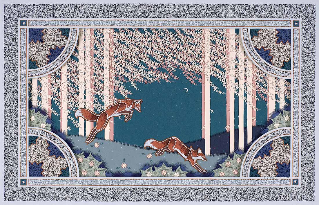 Two foxes in a forest scene with decorative borders