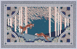 Two foxes in a forest scene with decorative borders