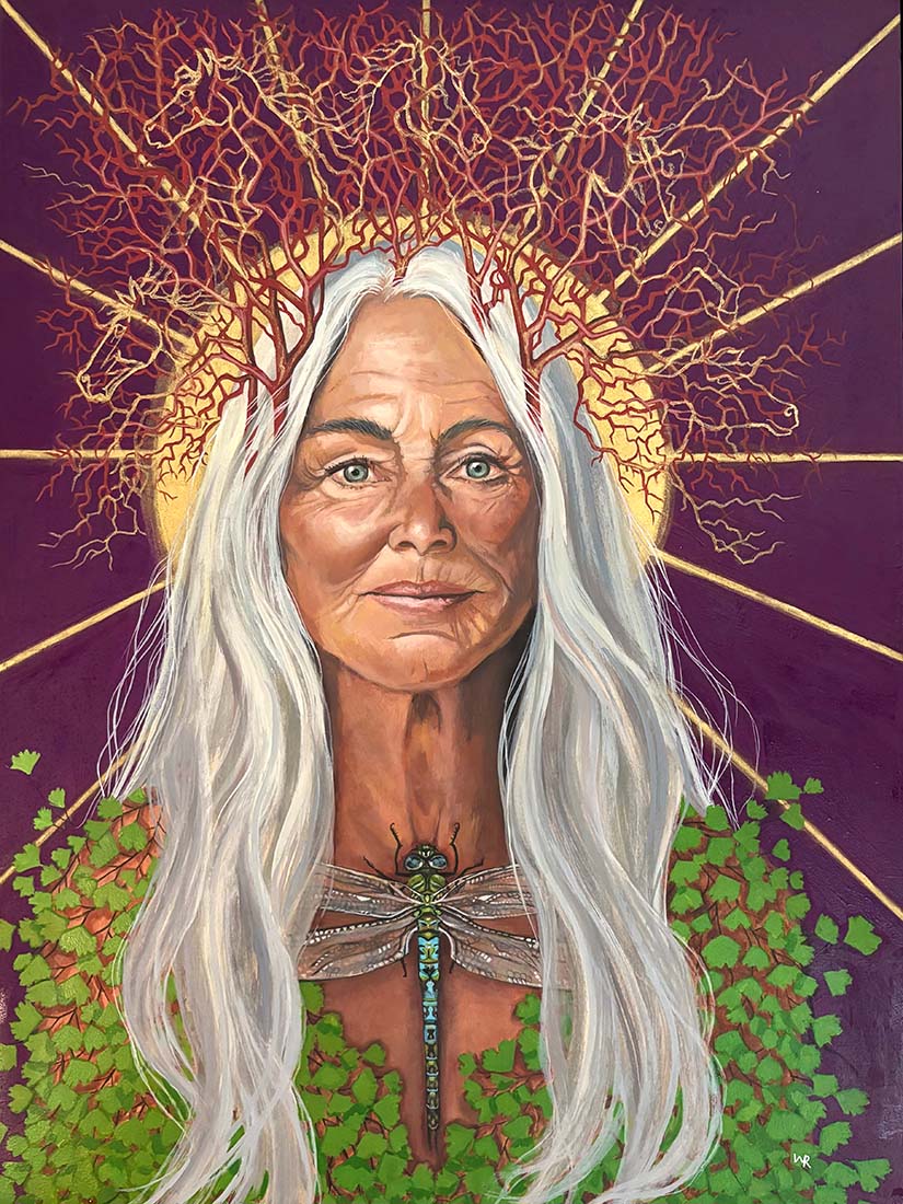 Artistic depiction of a person with long white hair and a dragonfly, surrounded by nature elements on a purple background.