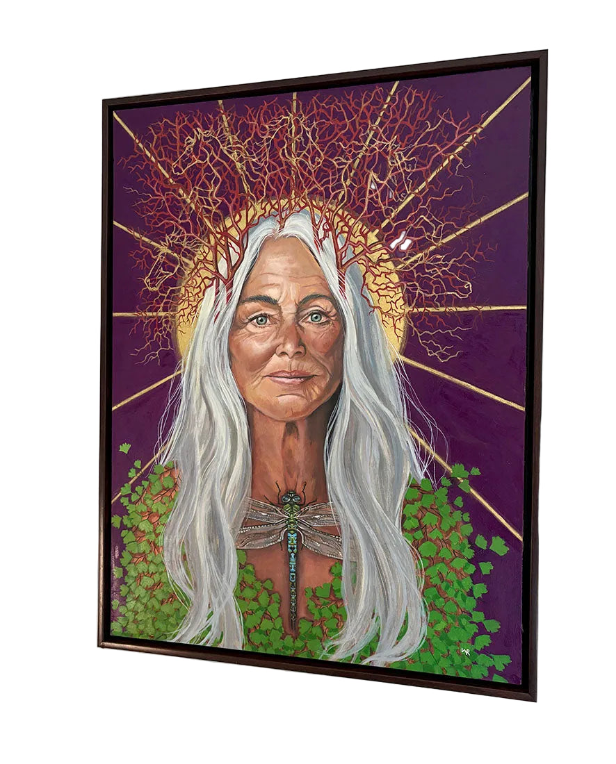 Artistic depiction of a person with long white hair and a dragonfly, surrounded by nature elements on a purple background.