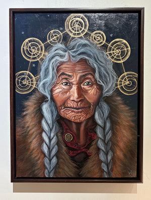 Artistic depiction of an elderly person with braided hair and a fur garment, framed against a dark background with geometric patterns.
