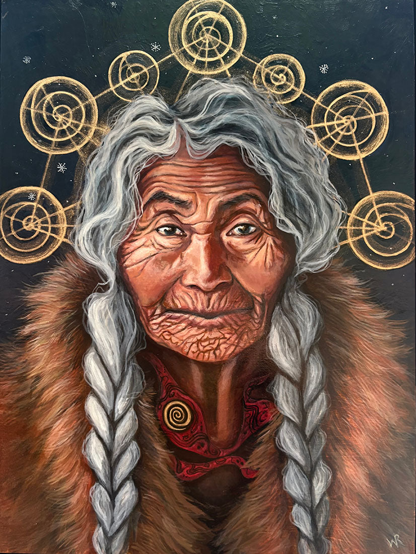 Artistic depiction of an elderly person with braided hair and fur, surrounded by circular patterns.