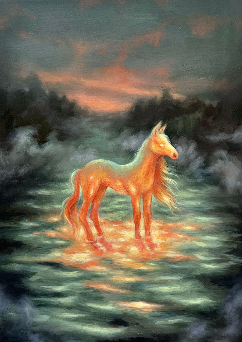 Painting of a glowing horse standing in water with a sunset sky
