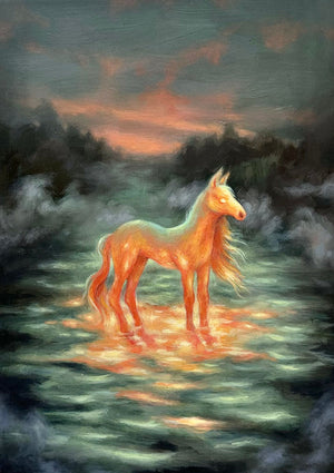 Painting of a glowing horse standing in water with a sunset sky