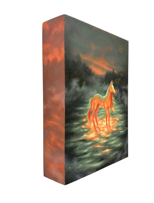 Painting of a glowing horse figure on a reflective surface with a fiery background