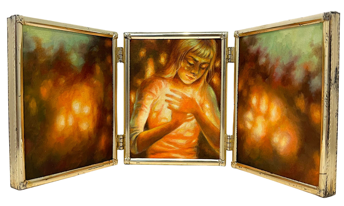 Triptych painting with a central figure holding a child, surrounded by warm colors on a white background