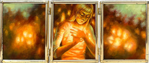 Triptych painting of a person with glowing orange skin against a fiery background