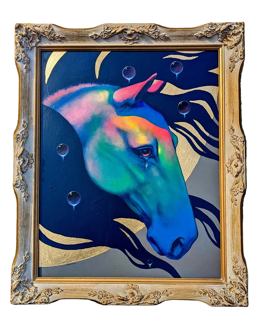 Colorful horse portrait in a decorative gold frame against a dark background
