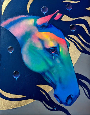 Colorful horse head with rainbow mane on a dark background