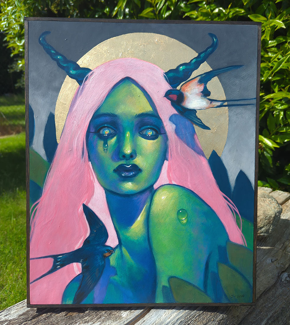 Colorful painting of a figure with pink hair and green skin, surrounded by birds, outdoors.