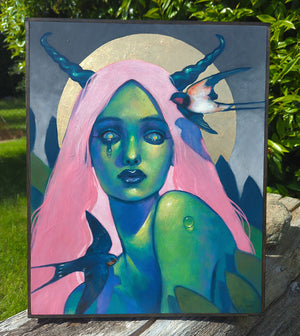 Colorful painting of a figure with pink hair and green skin, surrounded by birds, outdoors.